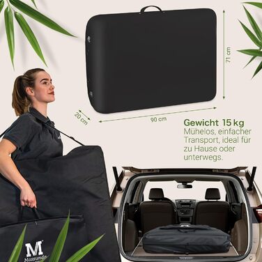 Масажне ліжко MASSUNDA Deluxe – мобільне, складне, регульоване по висоті. Широке ліжко з масиву дерева, з підголівником, підлокітниками, подушкою (Чорний)