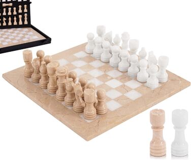 Шаховий набір з мармуру для дорослих, ручної роботи, 32 фігури, 2 додаткові королеви, коробка для зберігання, розкішна подорожна гра, елегантний подарунок для дому (Кораловий & Темно-коричневий) (Верона & Білий)