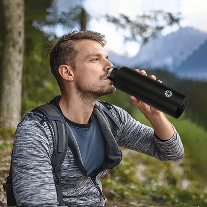 Фляга спортивна FEIJIAN 1л з карабіном, не протікає, з нержавіючої сталі, для води, напоїв, кемпінгу, школи, чорна 1000 мл