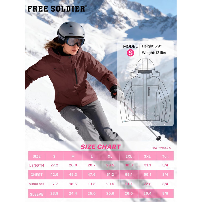 Жіноча водонепроникна куртка для сноубордингу та лижного спорту FREE SOLDIER з флісовою підкладкою, тепла зимова куртка з капюшоном, повністю проклеєні шви (XXL, Бордовий)