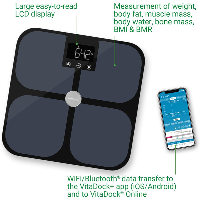 Medisana BS 650 – розумна ваги-аналізатор тіла до 180 кг з Wi-Fi/Bluetooth, персональна вага для вимірювання жиру, води, м'язів та кісткової маси, сумісна з VitaDock+ App, ITO-електроди