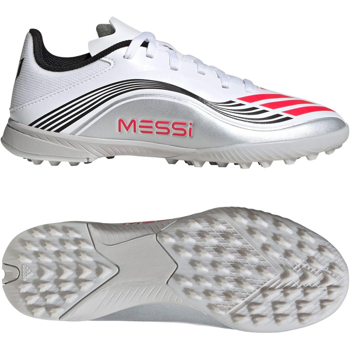 Дитячі футбольні бутси adidas F50 Messi League Turf для штучного покриття, розмір EU 33, білий, червоний, сріблястий