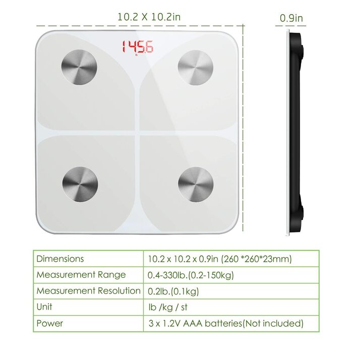 Вага для вимірювання жиру в тілі, електронна вага, Bluetooth, 180 кг, для вимірювання жиру, м'язів, BMI, води, ваги (біла, 26*26 см)