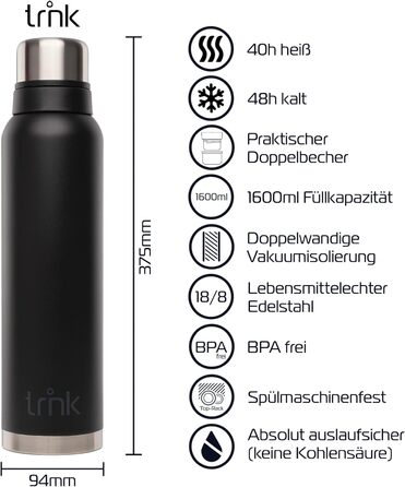 Термос trnk Outdoor Polar 2, 1600 мл, нержавіюча сталь, BPA-free, тримає тепло 40 годин, 2 чашки, чорний матовий