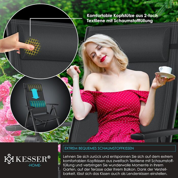 Крісло садове KESSER® з високою спинкою та підлокітниками, алюмінієве, складне, з подушкою та чохлом, для кемпінгу, регульована спинка, дихаючий матеріал, вологостійке, чорне, 1 шт.
