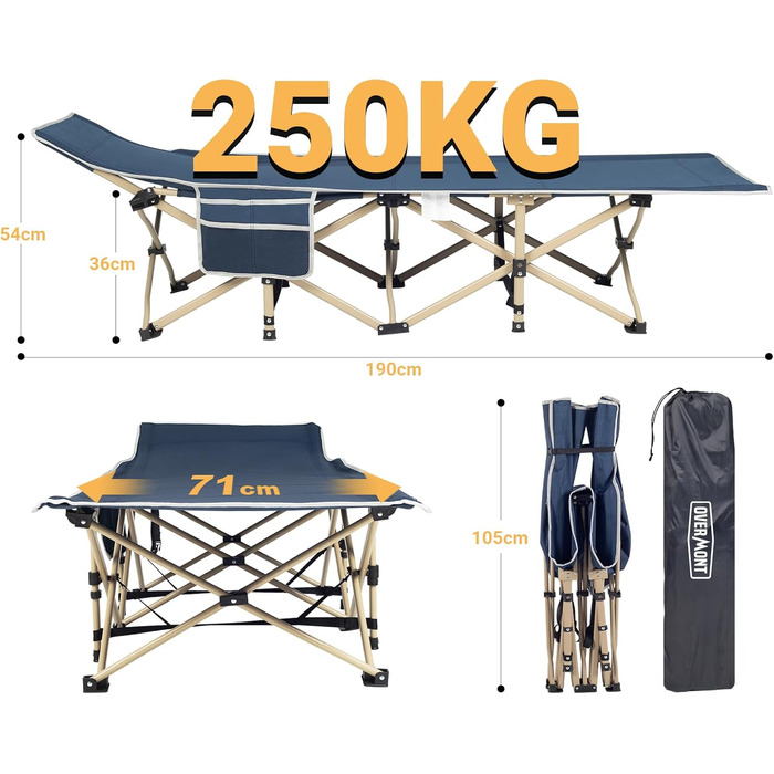 Розкладне ліжко Overmont для кемпінгу, 190x71x36 см, до 250 кг, 2400D Oxford, з кишенею, сумка, блакитне похідне ліжко без матрацу