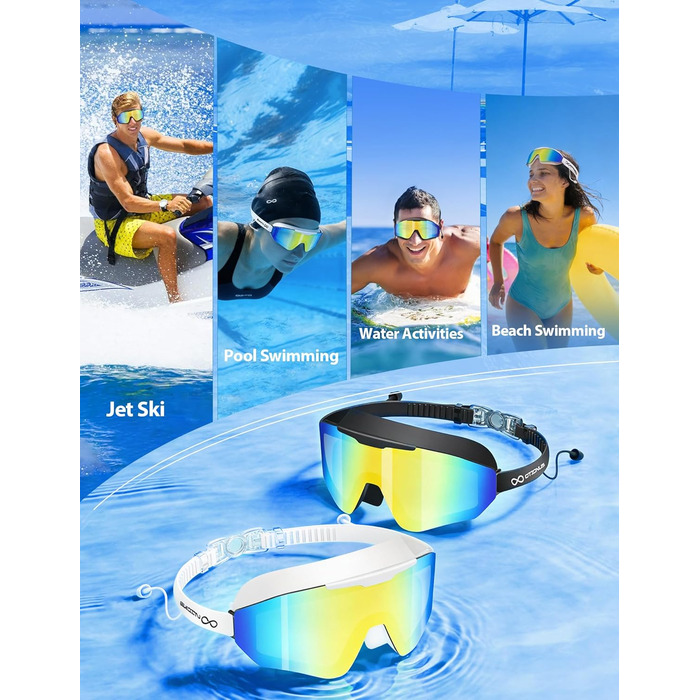 Окуляри для плавання unisex 2 шт. (дорослі, чоловічі, жіночі) Anti-Fog, Anti-UV, з берушами, велика рамка, регульований ніс - чорно-білі