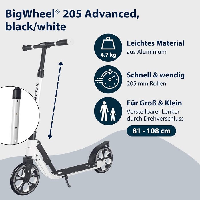 HUDORA BigWheel® Advanced Scooter: Комфортний алюмінієвий самокат для ваги до 100 кг - регульована висота та складаний дизайн. Підходить для дітей, підлітків та дорослих (205, чорний/білий)