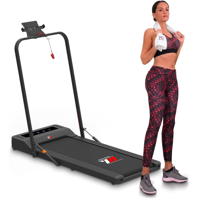 Електрична бігова доріжка та Walking Pad 2 в 1 YM, компактна, чорна, з поручнем і тримачем для планшета, Bluetooth-динаміки, сумісна з KINOMAP і ZWIFT, дистанційне керування, 6 програм