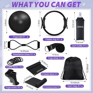 Набір для пілатесу для жінок 24 елементи: кільце, м'яч, стрічка, пляшка, фітнес-сумка, еластичні стрічки, антиковзаючі шкарпетки (чорний)
