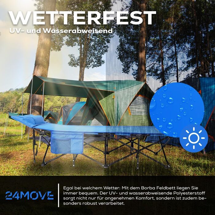 Розкладне ліжко 24MOVE® для кемпінгу та відпочинку на природі, 190 x 67 x 34 см, до 150 кг, з сумкою, блакитне