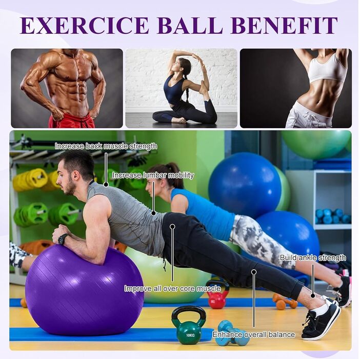 Фітбол Flintronic 55/65 см з насосом, для йоги, фітнесу, вагітності та пілатесу. Анти-вибух, товстий, фіолетовий