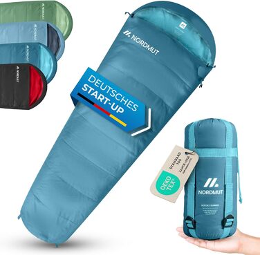 Сплячий мішок NORDMUT® для дорослих – компактний та ультралегкий (900/1500г) – на 3 сезони (250 GSM) & літній спальний мішок (100 GSM) – ковдриний спальник для кемпінгу, відпочинку на природі та фестивалів, сіро-блакитний