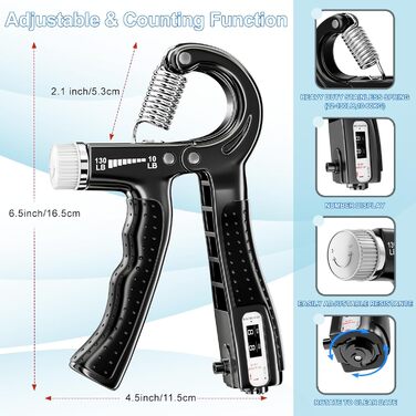 Набір для тренування рук ALMAH (5 шт.): тренажер пальців, підсилення сили хвата, підсилення підлокітників, розтягувач пальців, тренувальний кільце та м'яч для зняття стресу з сумкою. Чорний.