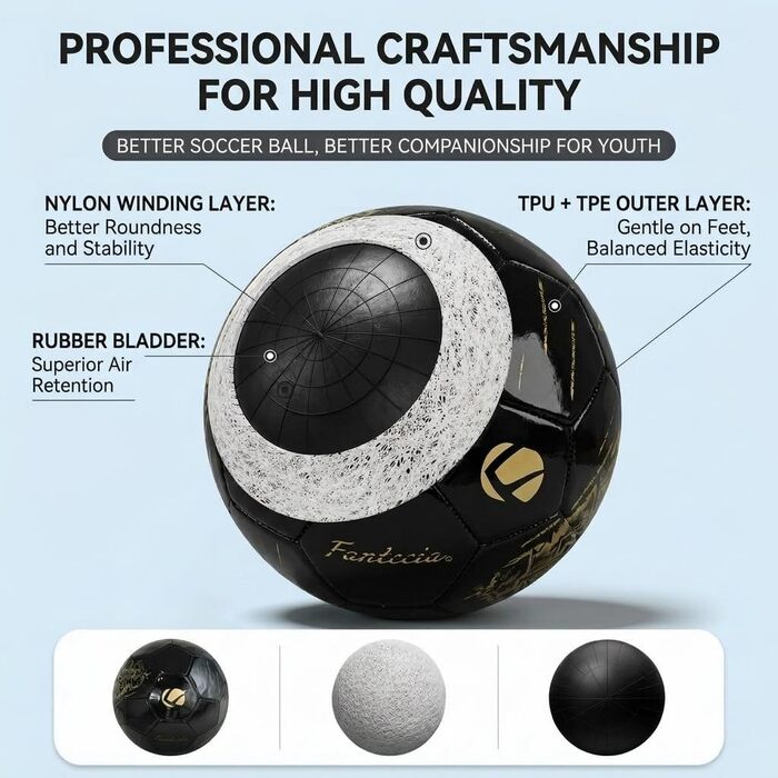 М'яч футбольний розмір 5, PU-шкіра, для гри в приміщенні та на вулиці, чорний з золотим тисненням, для підлітків та дорослих