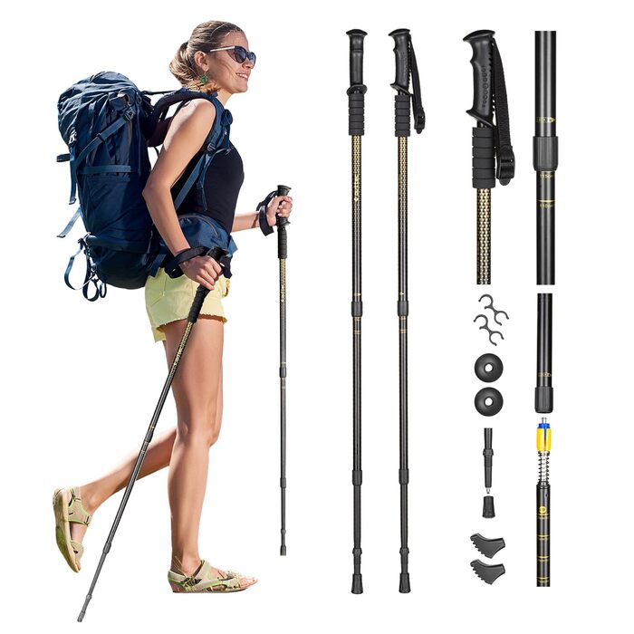 Ультралегкі трекінг-палиці для скандинавської ходьби (Nordic Walking) з гумовими наконечниками, односекційні, 110 або 115 см, чорно-золоті, для жінок та чоловіків