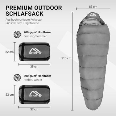 Спальний мішок MSPORTS Premium Outdoor з ременем для перенесення - вибір на весну/літо (200 GSM) або осінь/зима (300 GSM) для кемпінгу, подорожей, фестивалів. Теплий спальник у формі кокона (мумії) оливкового кольору (сріблясто-сірий, 300 GSM - для осені/