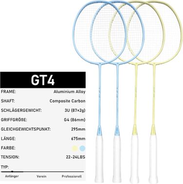 Набір для бадмінтону OGEENIER: 4 ракетки, 6 воланів, сумка, блакитний+жовтий, 3 1/4 дюйма