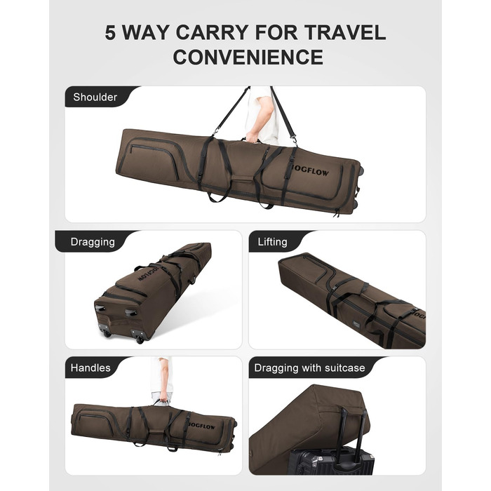 Скі-сумка Skitasche 360° з роликами, водонепроникна, 1200D, для 1/2 комплектів лиж, 190 см, Khaki