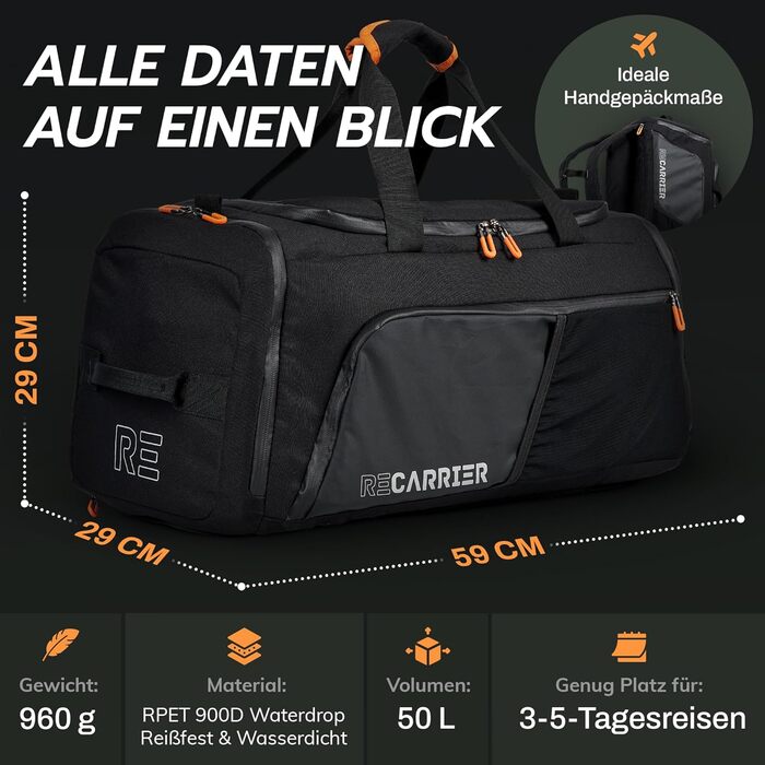 Спортивна сумка [з переробленого PET] 50L – сумка для тренувань та рюкзак 2в1 – водонепроникна спортивна сумка для чоловіків та жінок – спортивний рюкзак з відділенням для взуття, велика туристична сумка (Obsidian Ember Black)