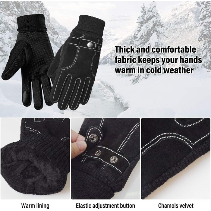 Чоловічі зимові рукавички KXF з шкіри, теплі, з флісовою підкладкою, вітронепроникні, для їзди на велосипеді, водіння, бігу, кемпінгу, походів, чорні, регульовані