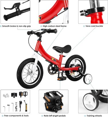 Дитячий велосипед YBIKE 2-в-1: біговел та велосипед, 12/14/16 дюймів, з гальмами та педалями, для дітей 1-7 років (червоний, 14 дюймів)