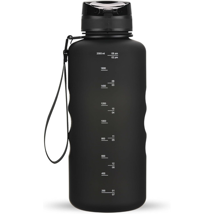 Спортивна пляшка для води 2 л 720°DGREE uberBottle з мотиваційною шкалою, знімною ручкою, ситечком, Tritan, BPA-free, для спорту, фітнесу, роботи, університету, чорна