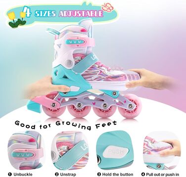 Дитячі ролики Inliner Kinder з регулюванням розміру 26-29, 29-34, 30-35. Ролики для дівчаток з колесами 82A PU, дизайн 