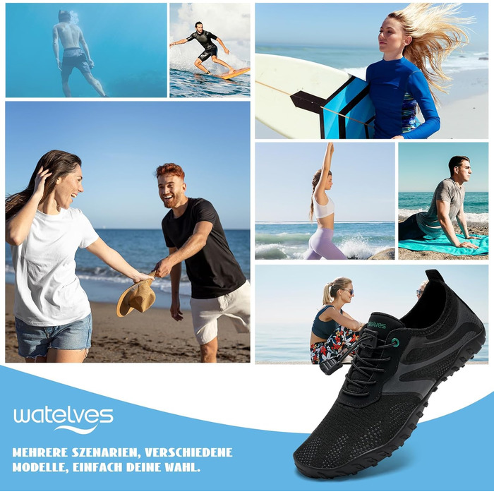 Водні черевики WateLves: для плавання, серфінгу та відпочинку на пляжі. Швидка сушка, розміри 36-48 EU, чорний колір