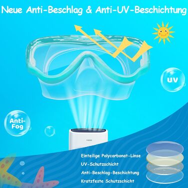 Дитячі маски для снорклінгу Vvinca з тканинним ремінцем, 180° панорама, анти-протікання, для дітей 3-13 років, зелені