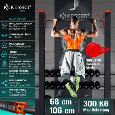KESSER Турнік для дверей, розсувний, 68-106 см, до 300 кг, з антиковзкими ручками та резистивними стрічками, без свердління
