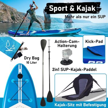 Надувний SUP Board BRAST з LED-підсвіткою | Комплект для станд-ап паддлінгу | 320x81x15 см | 4 дизайни | LED-підсвітка 10 кольорів | 5 років гарантії | 2в1 весло, сидіння для каяка, кріплення для екшн-камери, петля для ніг (Turtle Blue)