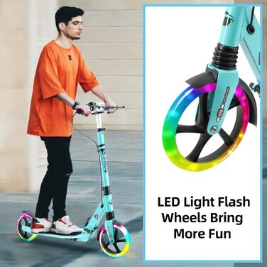 Самокат дитячий складний з LED-колесами, регульованою висотою, гальмом та дзвінком до 100 кг, блакитний для дітей від 8 років