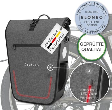 Велосипедна сумка ELONEO для багажника з LED-підсвіткою, водонепроникна, 25 л, з відділенням для ноутбука, сірий колір, з ручкою та плечовим ременем