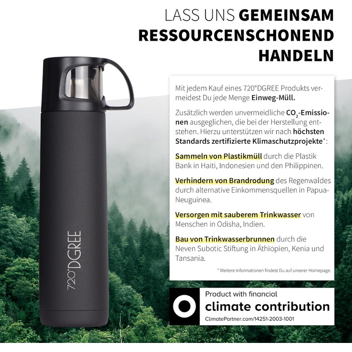 Термос 720°DGREE Thermoskanne з чашкою 450 мл 'Follow' - 3 розміри, 12 годин гаряче, 24 години холодне, не протікає, без BPA - термофляка з нержавіючої сталі, ізотермічна фляка - ідеально для роботи, дітей, школи, дитини 450 мл Onyx Black | Міцний матовий