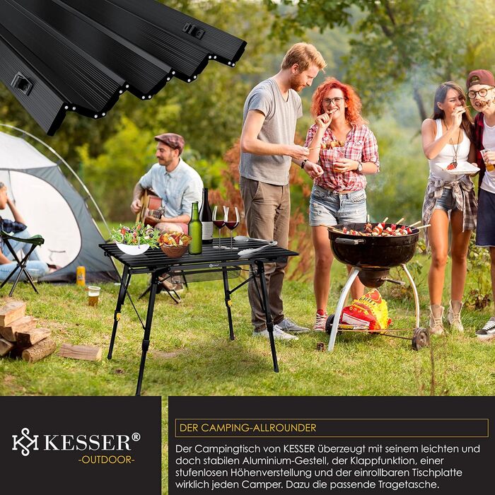Кемпінговий стіл KESSER® розкладний, з алюмінієвим каркасом, регулювання висоти, 90x53 см, до 100 кг, чорний, з сумкою та сітчастою кишенею