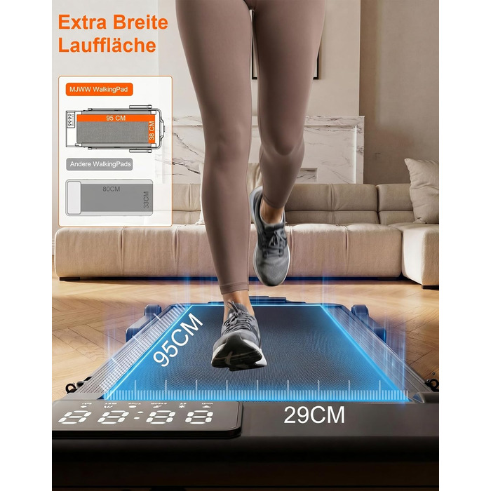 Складана бігова доріжка MJWW Raceable Walking Pad з нахилом 6-9%, 2.5/3.0 HP, керування через додаток, AI-тренування, LED-дисплей, для дому та офісу (чорний глянець, 95 см)