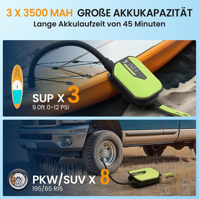 Насос електричний TowerTop для SUP дошки, каяків та автомобілів, 50 PSI, 10500mAh, 8 насадок, зелений