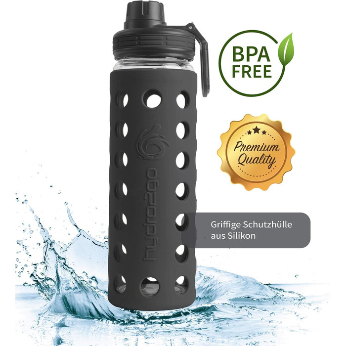 Скляна пляшка для води hydro2go з силіконовим чохлом, 550 мл, чорна, 100% герметична, BPA-free, для дітей, офісу, спорту та фітнесу