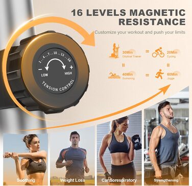 Еліптичний тренажер Neezee для дому з Bluetooth, 16 рівнів опору, 6 кг маховика, LCD-монітором, датчиком пульсу та тримачем для пляшок (Помаранчевий + Срібний)