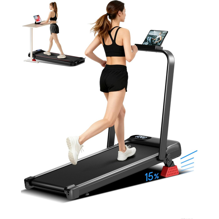 Ходьбовий тренажер UMAY з нахилом 15%, бігове полотно для дому, складане з нахилом та потрійною амортизацією, з пультом дистанційного керування, максимальне навантаження 136 кг, нахил 14%