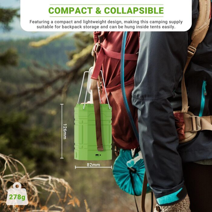 Сонячна кемпінгова лампа LED, водонепроникна, з ручкою, акумулятор 3000mAh, для туризму, риболовлі, SOS, відключень електроенергії (зелена)