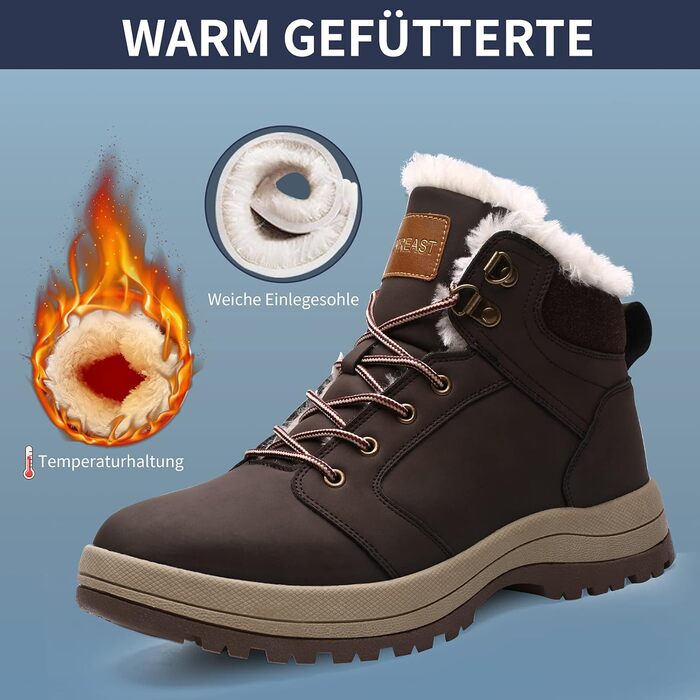 Теплі зимові черевики VisionReast з підкладкою, водонепроникні, для піших прогулянок, трекінгу, для чоловіків та жінок, шнурки, неслизькі, Outdoor (37 EU, Коричневий)