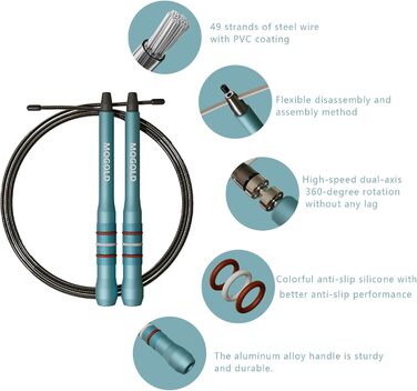 Скакалка Springseil для дорослих, фітнес, швидкість, алюмінієві ручки блакитні, 300 см, PVC-сталевий трос, 360° обертання, антиковзний, для CrossFit
