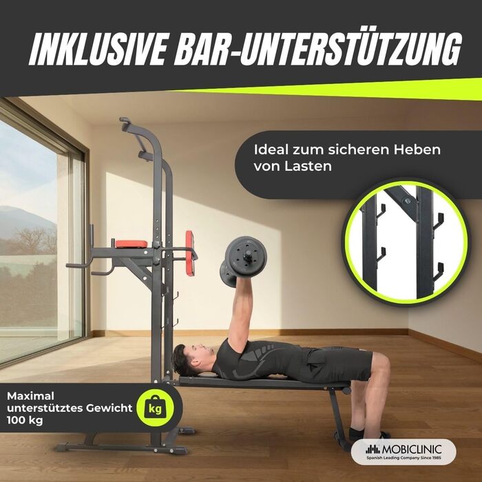 Мультифункціональна силова станція Mobiclinic Fitness 9 в 1, складана, з турніком, лавкою для жиму, регульована по висоті, протиковзка, м'яка оббивка