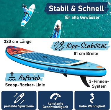 Надувний SUP-борд BRST Tropic | Комплект для станд-ап паддлбордингу | 320x81x15 см | 6 дизайнів | 5 років гарантії | з аксесуарами | 2-в-1: SUP та каяк | кріплення для Action Cam, фіксатор для ноги, насос, рюкзак (Sunset)