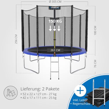 Трамплін KINETIC SPORTS Salto Plus Outdoor для дітей, Ø 183-490 см, повний комплект (мережа, мат, сходи), до 160 кг, блакитний