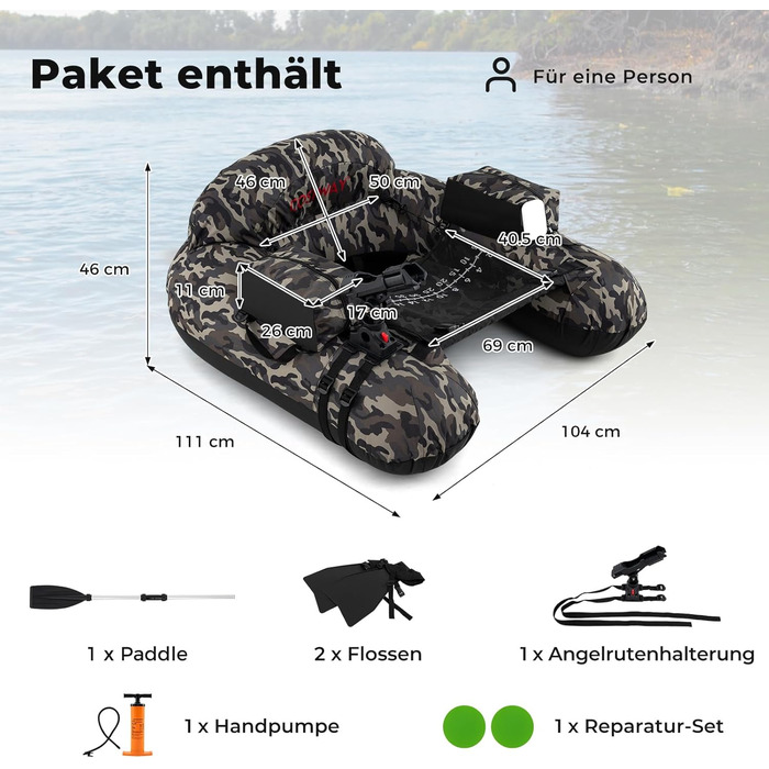 COSTWAY Belly Boot - надувне рибальське сидіння для лову риби, зелений (камуфляж)