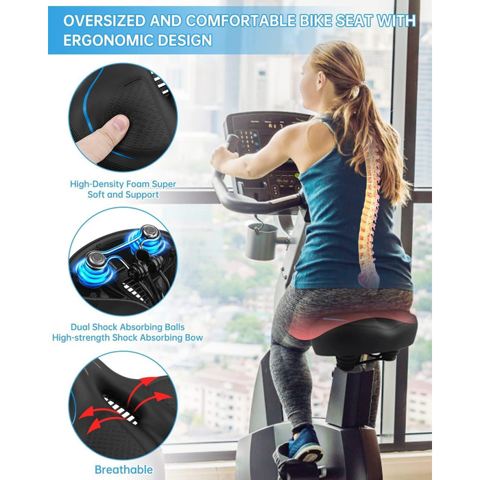 Широке велосипедне сідло з гелевою подушкою для жінок та чоловіків, комфортне, водонепроникне, дихаюче, з пам'яті ефекту, з інструментами для міських, шосейних, гірських велосипедів/фітнес-велотренажерів (Чорний/Синій)