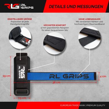 Лямки для тяги RL Grips з фіксацією на зап'ястя для важкої атлетики, пауерліфтингу та бодібілдингу, сині